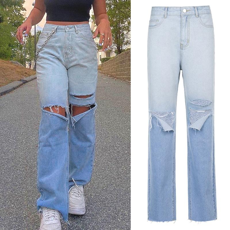

Women High Waist Gradient Blue Jeans Ripped Hole Hip Hop Straight Denim Pants D08E, As pic