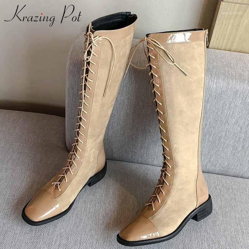 

krazing pot hot British vintage lace up knight boots cow leather patchwork med heels round toe warm women thigh high boots L611, Khaki