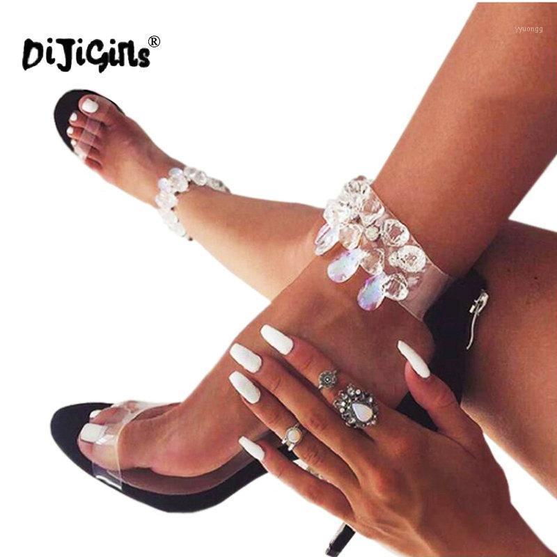 

DIJIGIRLS Latest Design Rhinestone PVC Transparent Stiletto Sandals Shoes Crystal Ankle Wrap Lady High Heels Shoes1, Black
