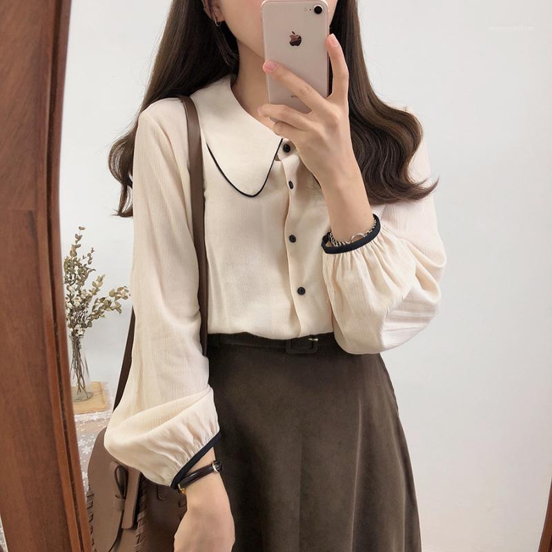 

Women Korean Style Shirts Cute Casual College Style Retro Corduroy Shirt Niche Lapel Buttons Lantern Sleeve Shirts Blouse1, Apricot