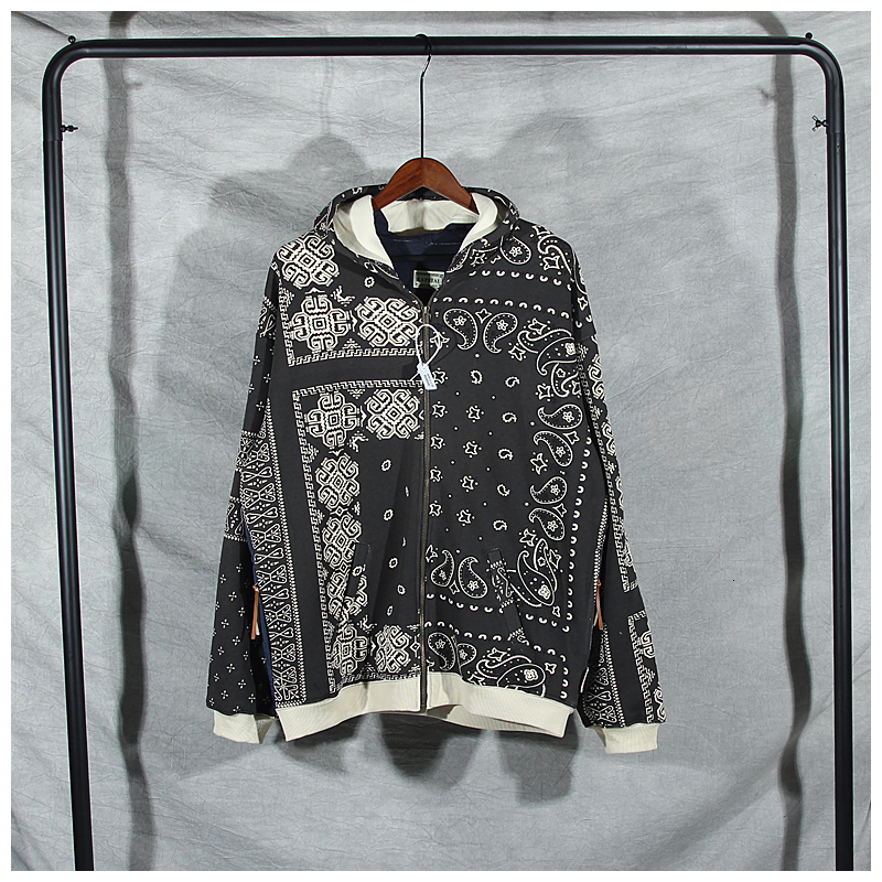 

2021 New High Street Kapital Full-body Cashew Flower Printed Cotton-padded Fashion Casual Men's Zipper Hoodie for Women Owfn, Black
