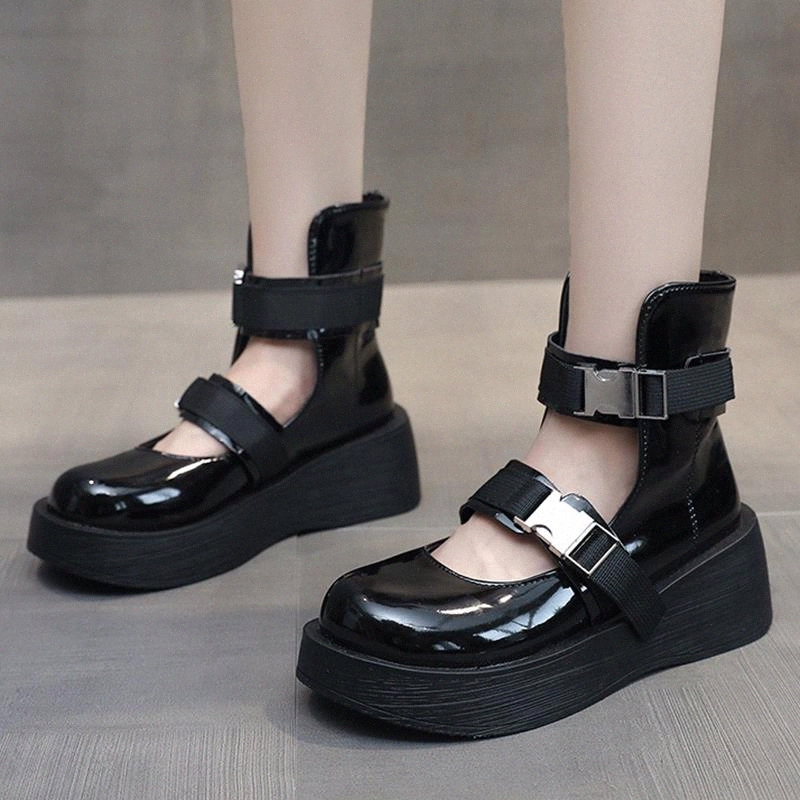 

Rimocy Patent Leather Wedges Shoes for Women Fashion Double Buckle Platform Pumps Woman Casual Hollow Out Mary Jane Shoes 2020 #OH7m