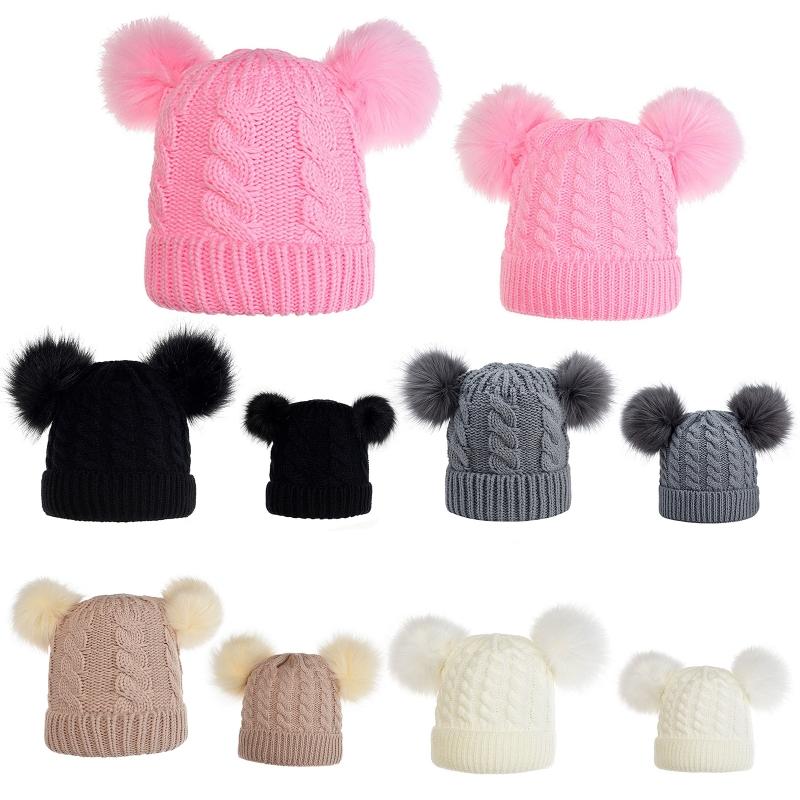 

2Pcs Parent-Child Winter Cable Knit Beanie Hat Double Pompom Skull Cap Warmer