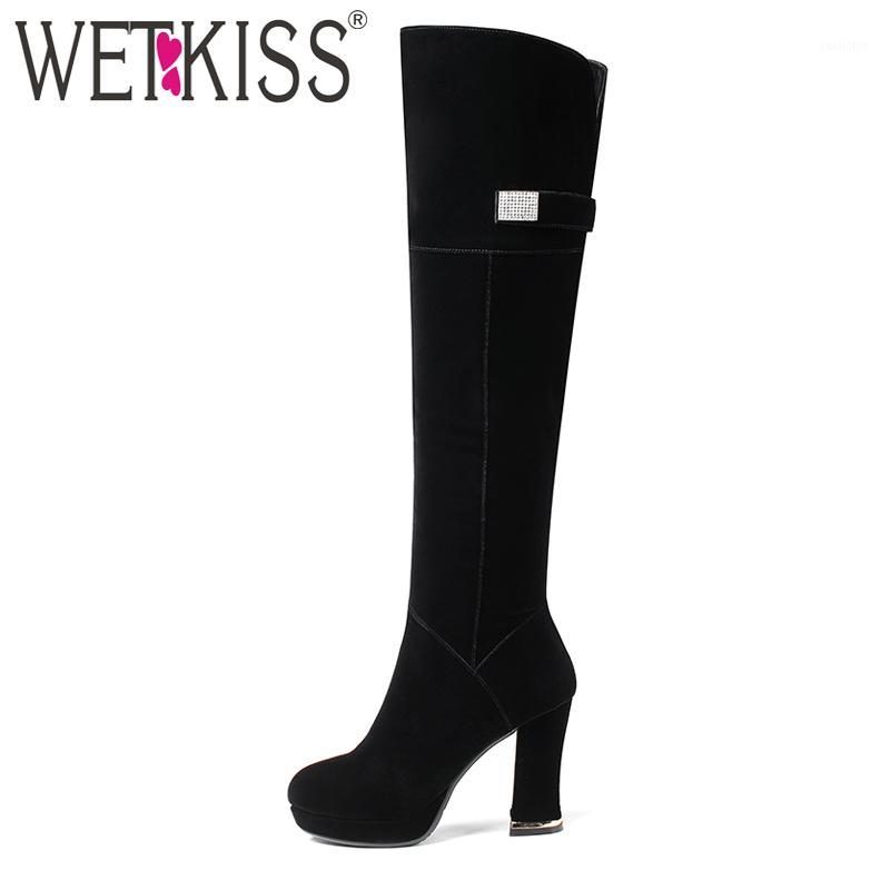 

WETKISS High Quality Women Flock Knee Boots Zipper Thick High Heels Short Plush Winter Boots Female Platform Black Boot Crystal1