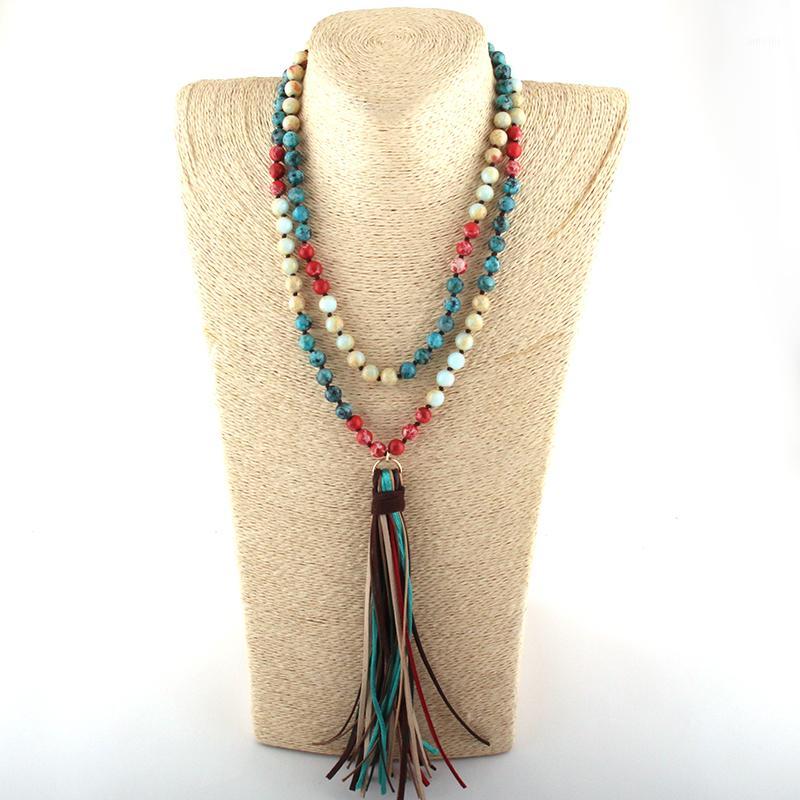 

Fashion Bohemian Tribal Jewelry 108pc Stone Beads Knotted Multi Long Tassel Necklace Women Ethnic Necklace1