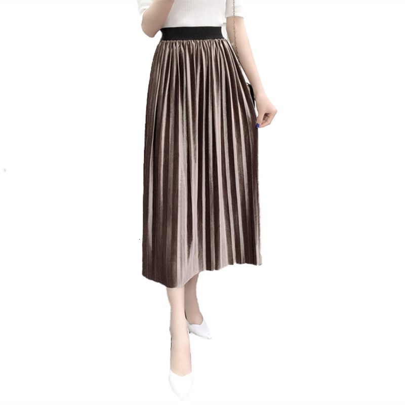 

2021 New Women Pleated Winter Casual Basic Solid Color Skirts Office Autumn Elastic High Waist a Line Skirt Mid C6nh, Black
