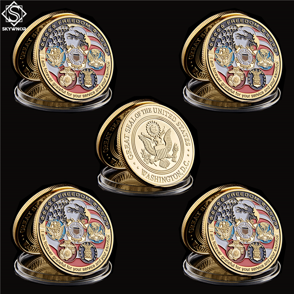 5PCS USA Military Craft Freedom Eagle Gold Commemorative Navy USAF USMC Army Coast Guard Rare Token Challenge Coin-image-599585207