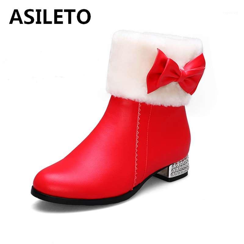 

ASILETO large size 28-43 sweet winer snow boots women bowtie crystal heels warl plush ankle booties zipper bottines mujer botas1, Black pu inside
