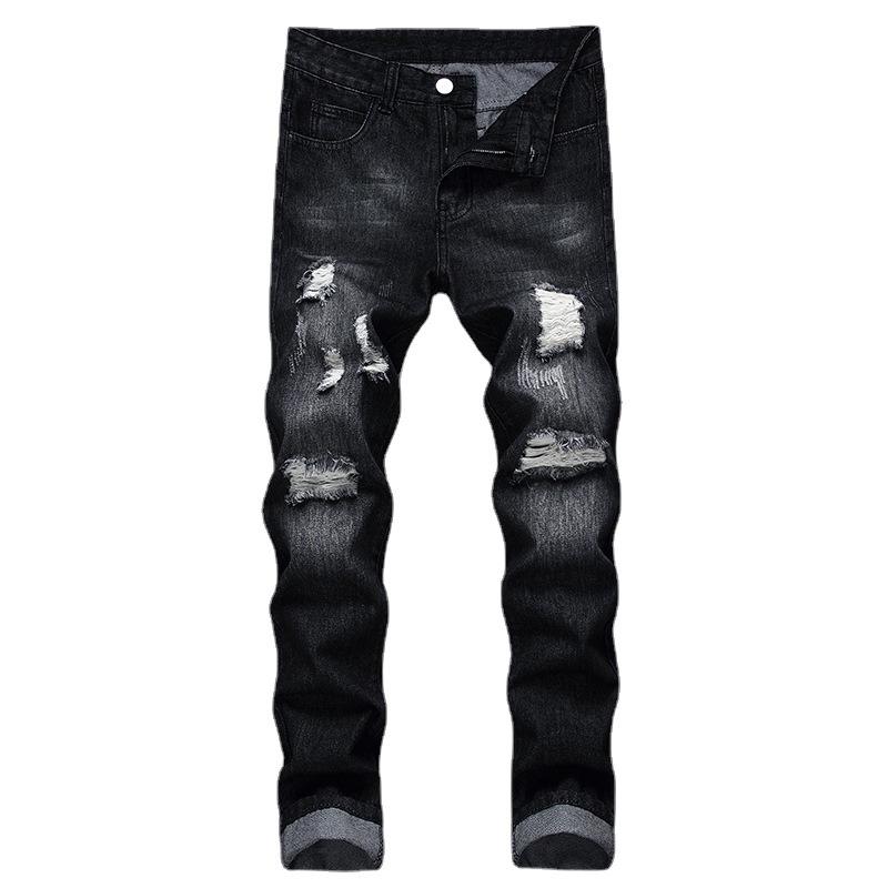 

Men's Jeans Black Hole Denim Men Slim Solid Color Bleached Ripped Full Length Casual Trousers Cowboy High Quality Fashion