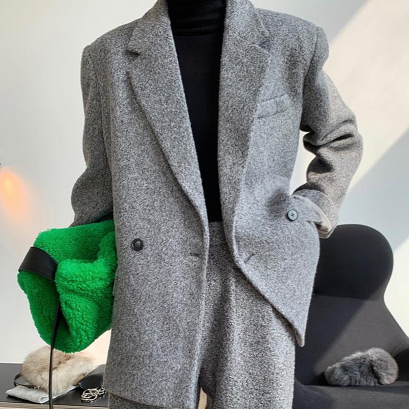 

2020 Winter Office Lady Top Turn-down Collar Double Breasted Long-sleeved Minimalist Solid Color Woolen Suit Coat C584, Black
