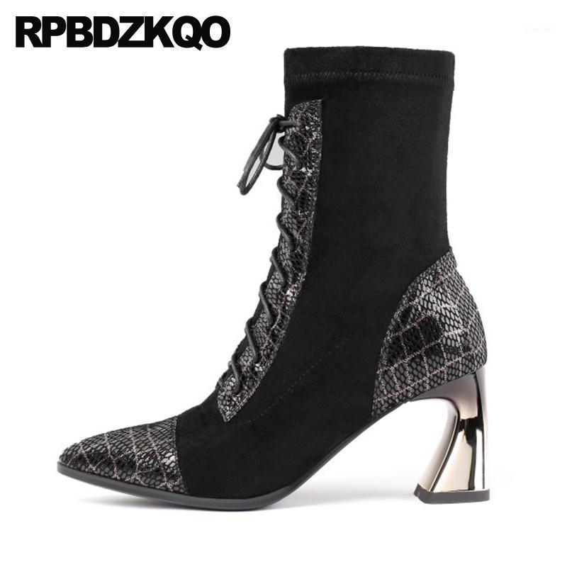 

autumn ankle sheepskin suede shoes chunky brand women winter boots genuine leather high heel lace up pointed toe black big size1