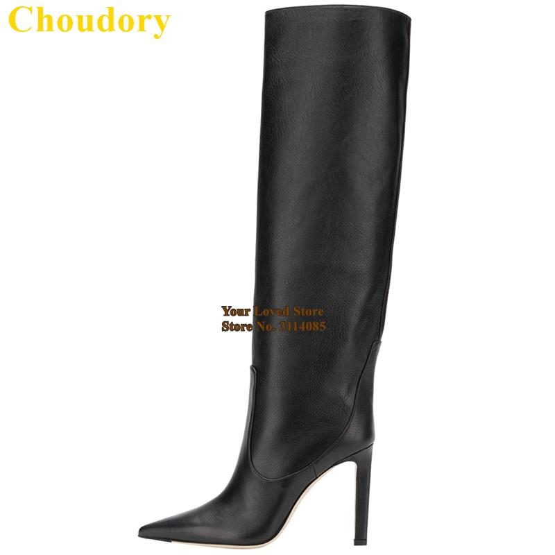 

Choudory Chunky Heels Pointed Toe Knee Boots White Black Plaid Cloth Pattern Matte Leather Long Boots Concise Party Shoes