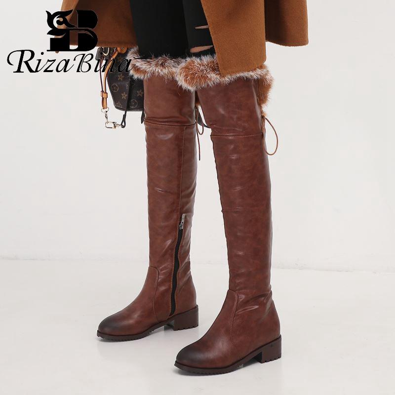 

RIZABINA Plus Size 34-43 Winter Shoes Warm Fur Women Long Boots Round Toe Flats Over Knee Boots Retro Sexy Botas Mujer Footwear, Black