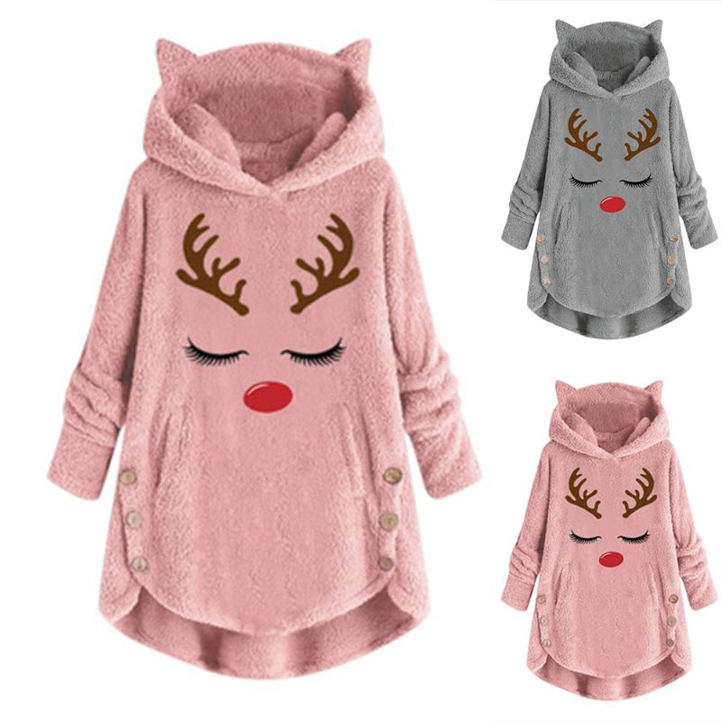 

Women Hoodie Elk Print Sweatshirt Dress Casual Hooded Pocket Long Sleeve Pullover Winter Harajuku Warm Hoodies Sweatshirts, Pink