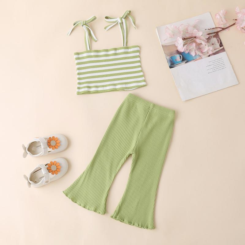 

0-24 Months baby girl clothes set summer Newborn Infant Baby Girl Vest Rainbow Striped Tops+Bell-Bottomed Pant Set Clothes, Green