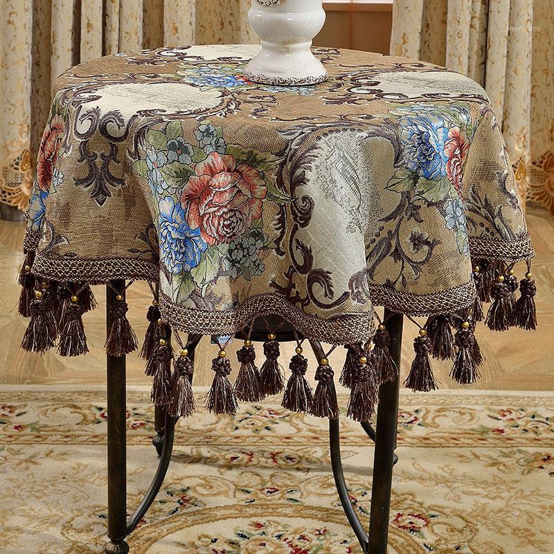 

Round Square chenille tablecloths table Table dinner cover mat Europe beauty yarn dye flower polyester home Dec FG9011, Blue