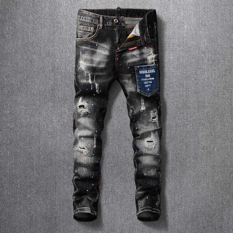 

2021 New Fashion Streetwear Men Jeans Retro Black Gray High Quality Painted Designer Distressed Ripped Denim Pants Elastic Slim Trousers Jni