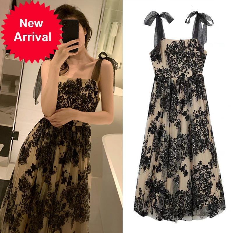

New High 2021 Quality Sexy Female Embroidered Floral Mesh Dress Suspend Midi Dresses Summer Brand New Designer Party Clothes BP1L, Blue