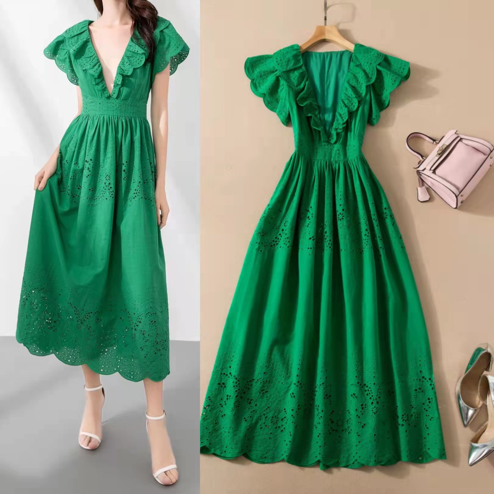 

Spring latest high-quality hollow embroidery V-neck puff sleeve dress, As picture