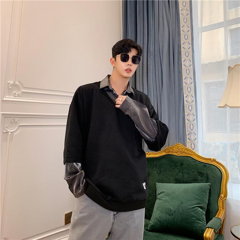 

Male Streetwear Fashion Hip Hop Sweatshirts Men Autumn Fake 2PCS Spliced Loose Casual Shirt Style Pullovers Hoodie, Bf06
