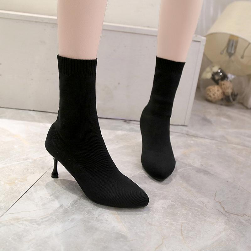 

Slip On Women Sock Shoes High Boots Sock Boots Pointed Toe Elastic High Heel Ankle Pumps Stiletto Botas Zapatos De Mujer, Black