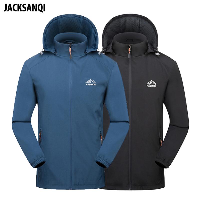 

JACKSANQ Men's Removable Cap Thin Hiking Jackets Breathable Outdoor Sports Climbing Camping Hooded Windbreakers RA426, Denim blue jacket