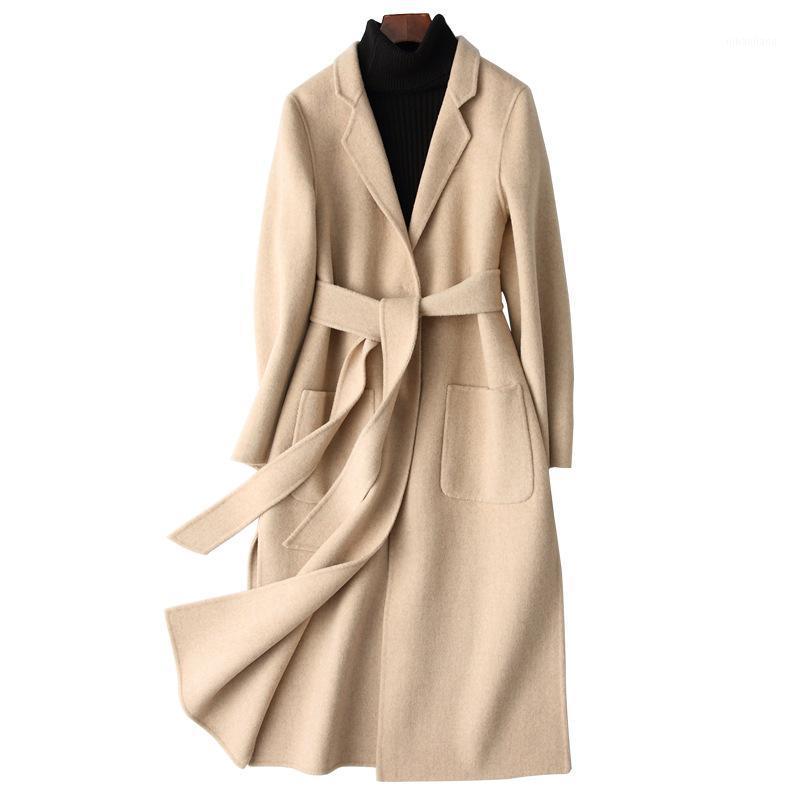 

Double Face Cashmere Coat Women' Wool Coat Slim Lace Up Handmade Long Office Lady Korean Style Woolen Blends Female Overcoats1, As picture