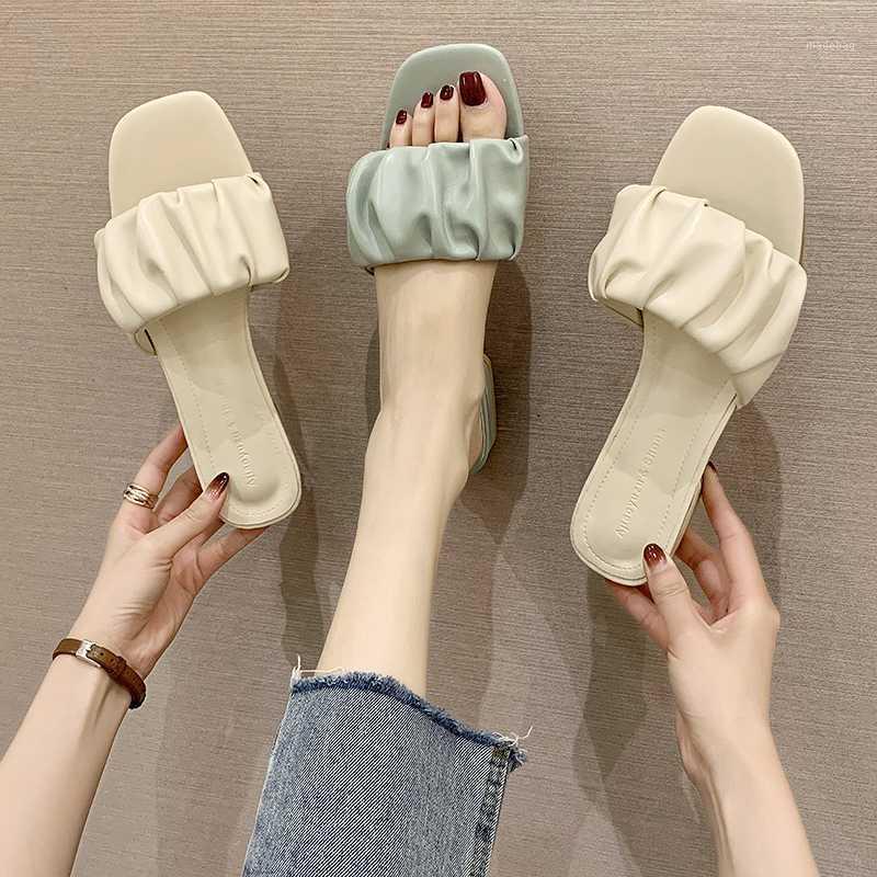 

Beige Green Low Heel Slippers Women Pleated Slippers Summer Pu Leather Slides Women Outdoor Vacation Open Toe Slides 3 Cm1