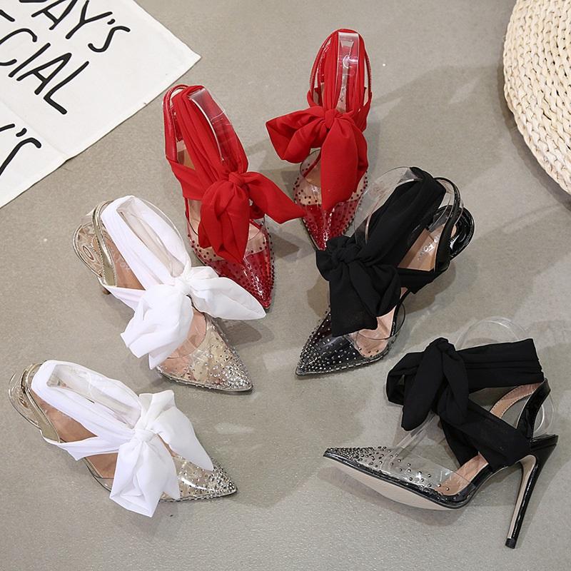 

2021 new Europe and the United States diamond ribbon tapered stiletto high heel shoes with shallow lace women's shoes, Beige