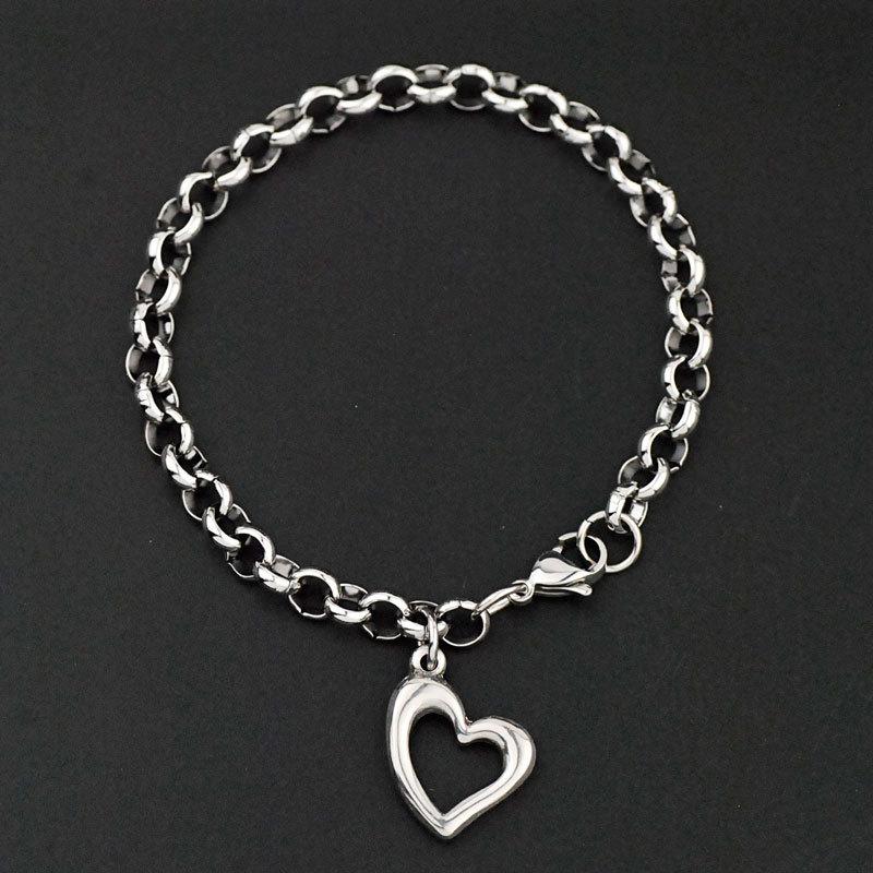 

Charm Bracelets Fashion Women Simple Female Sliver Color Trend Stainless Hollow Peach Heart Chain Bead Bracelet Gift Jewely