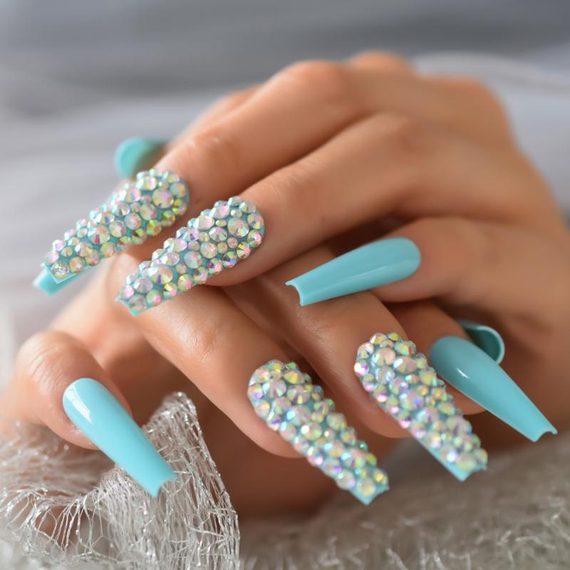 

Blue Glossy Artificial False Nail Super Long Rhinestone Coffin Fake Nail Full Cover Reusable Press On, L5011