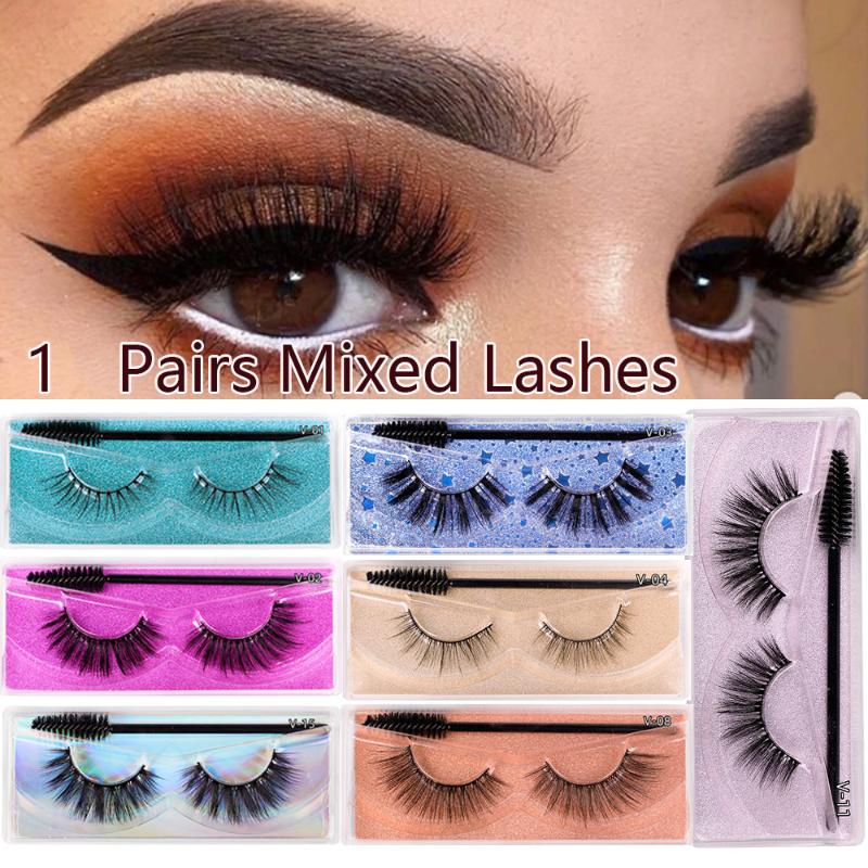 

1 Pair Hot 3D Faux Mink False Eyelashes with Brush Natural Long Wispies Fluffy Eyelashes Reusable Makeup Tools Cruelty-free