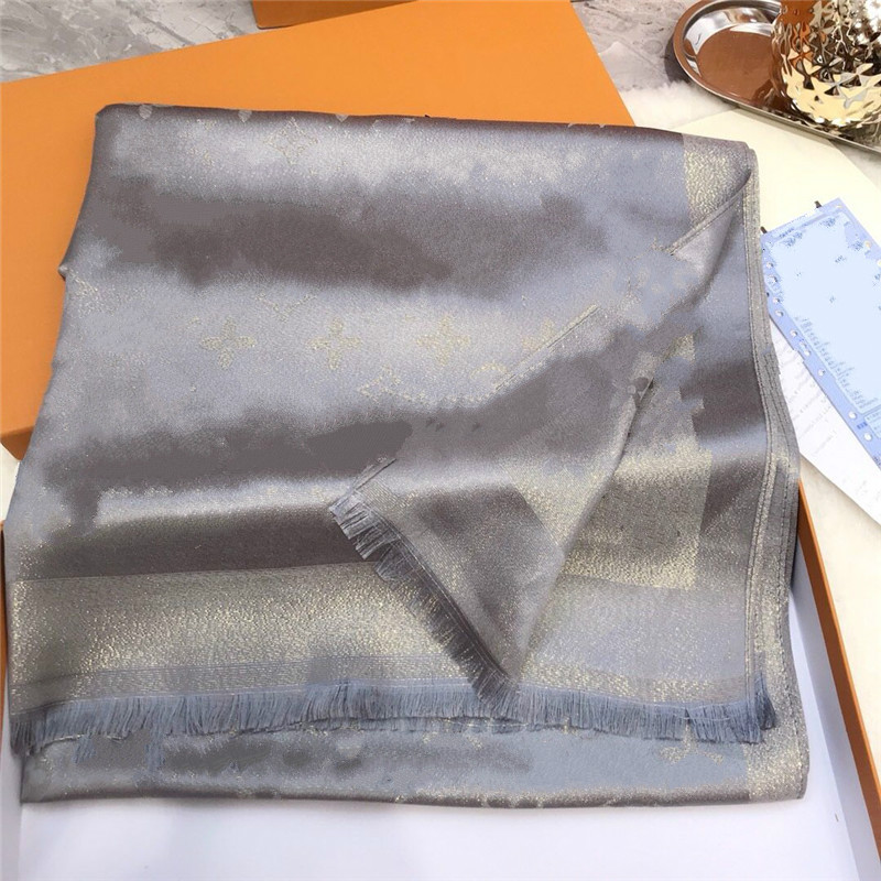 

2021 Top Classic shiny gold and silver thread Silk scarf fashion soft shawl men women, Blue;gray