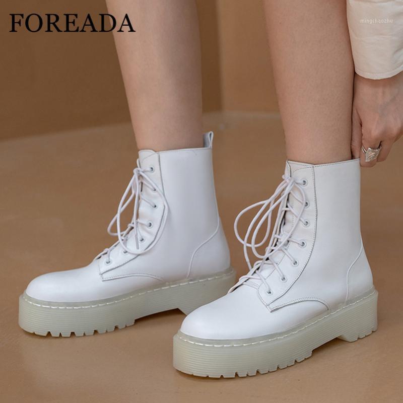 

FOREADA Flat Platform Motorcycle Boots Woman Real Leather Ankle Boots Lace Up Short Round Toe Ladies Shoes White Size 401, Black synthetic lin
