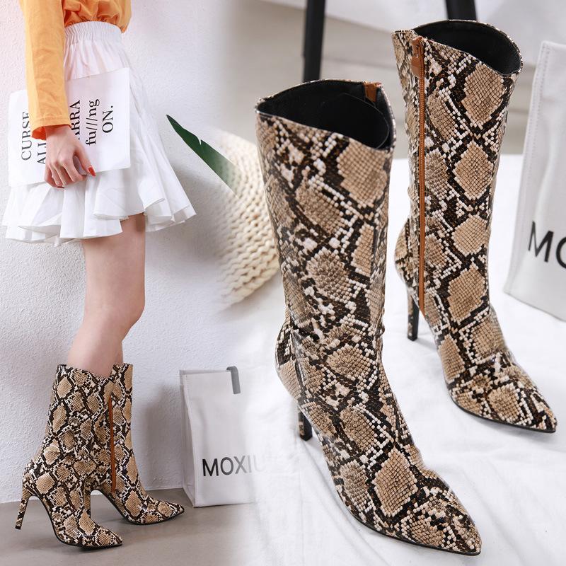 

2020 fast sale new women's shoes European and American slim high heel Snake Print sexy medium tube pointed women's boots, Snakeprint