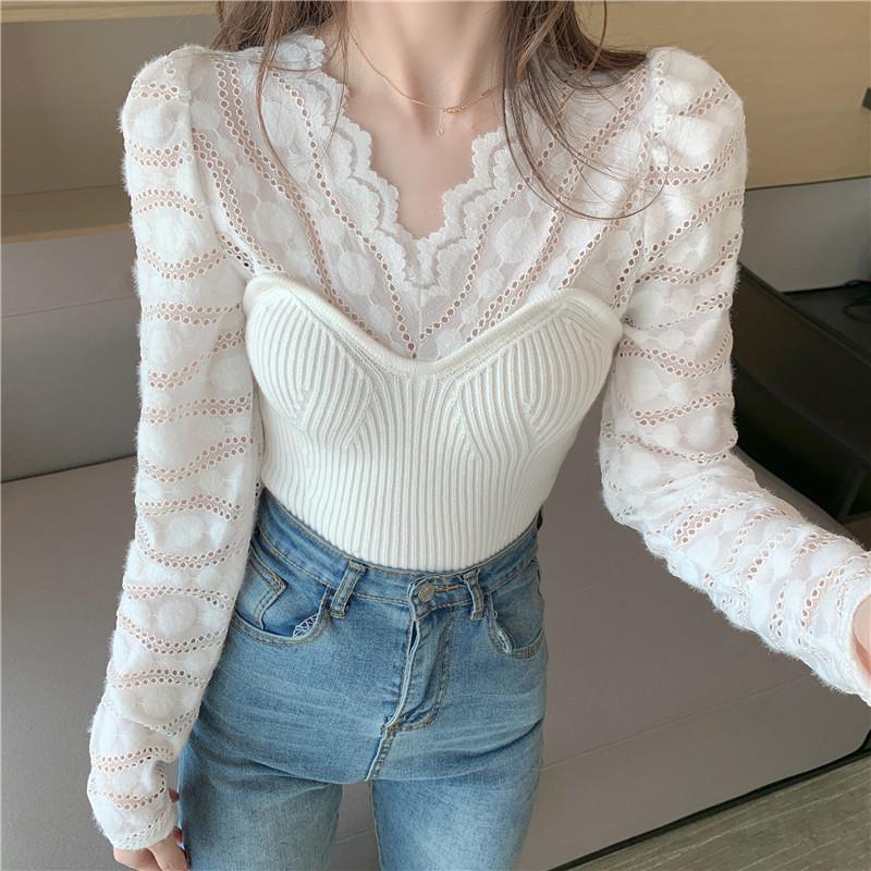 

Women's 2021 New knitted shirt spring fashion long fall sleeve v neck retro-chiffon lace base couture top y503 YL6W, Bai