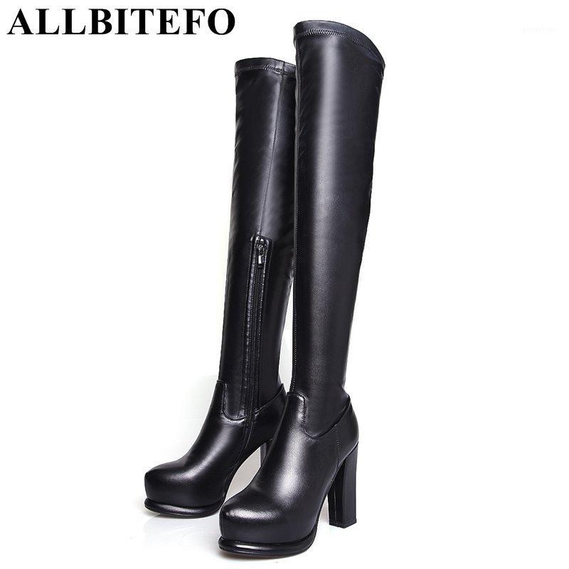 

ALLBITEFO fashion high heels platform women boots genuine leather+Stretch material thin heel winter boots over the knee1, Black