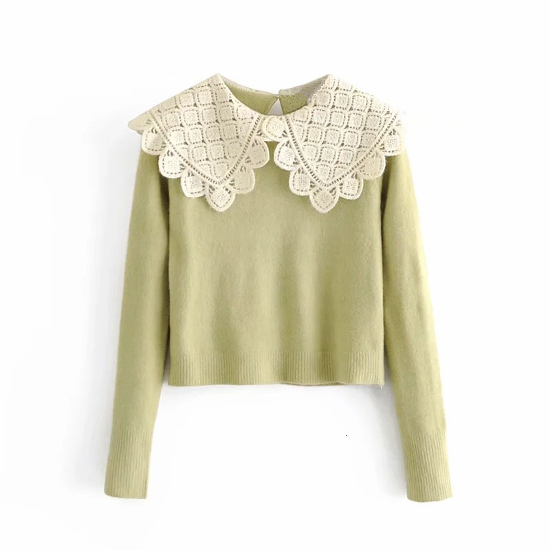 

2021 New Fall Green Cropped Knitted Sweater Women Contrast Lace Patchwork Long Sleeve Cute Sweaters Woman Jerseys Pullover X9bo