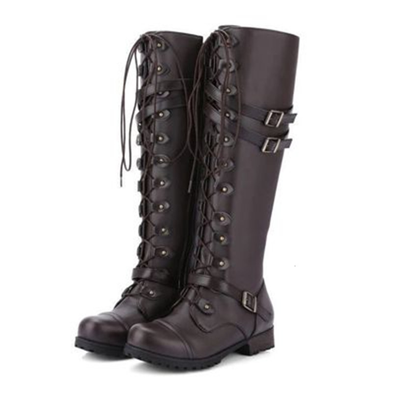 

2021 New Leather Women at Height From to Knee High Fashion Canine Boots Ladies Autumn Classic Lace-up Flat Shoes Black Brown Horseman SGF7
