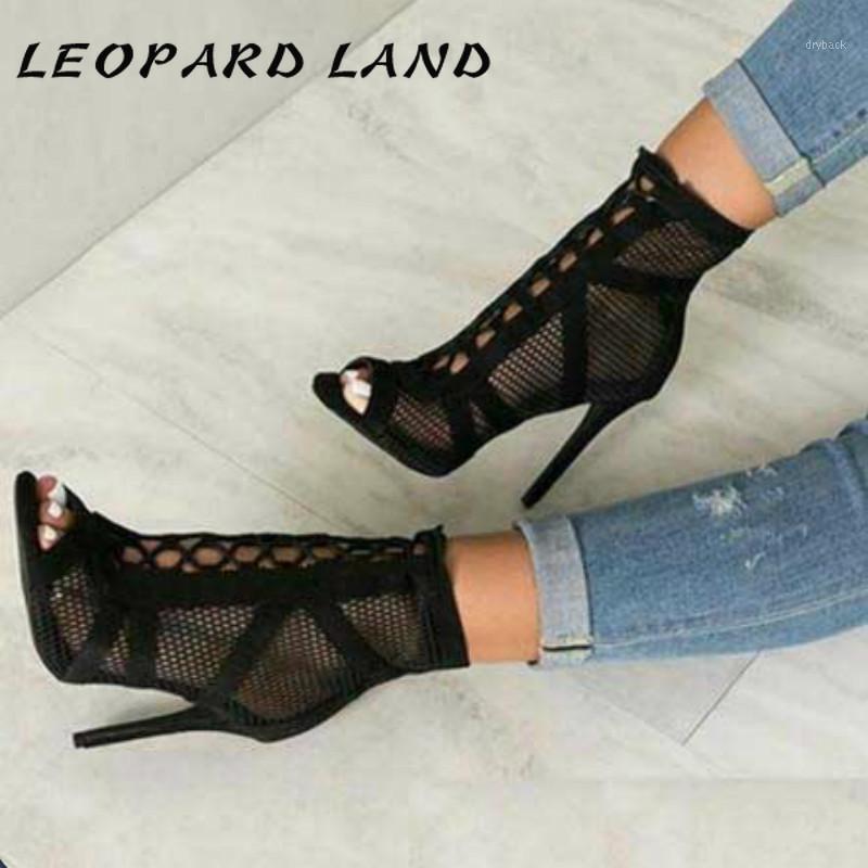 

LEOPARD LAND 2021 Fashion Black Summer Sandals Lace Up Cross-tied Peep Toe High Heel Ankle Strap Net Surface Hollow Out Sandals1
