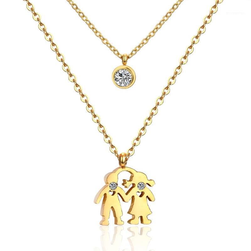 

LUXUKISSKIDS New Design Chain Double Necklace 316L Stainless Steel Necklace Lovely Boy and Girl with Round Crystal Pendant1