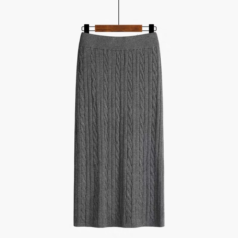 

2021 New Cable Twist Long Women Midi Autumn Winter Thick Warm Pencil Skirt Elegant Sexy Knitted Bodycaon Skirts Female B0ve, Gray-65cm