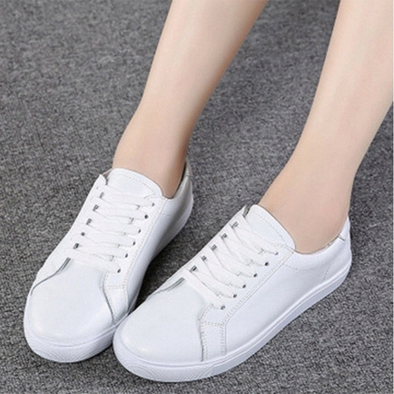 

Women Vulcanzied Sneaker Flat Girl Student Genuine Leather White Shoes Sewing Soft Shoes Women's Lace Up Female Drop Shipping #fT2S