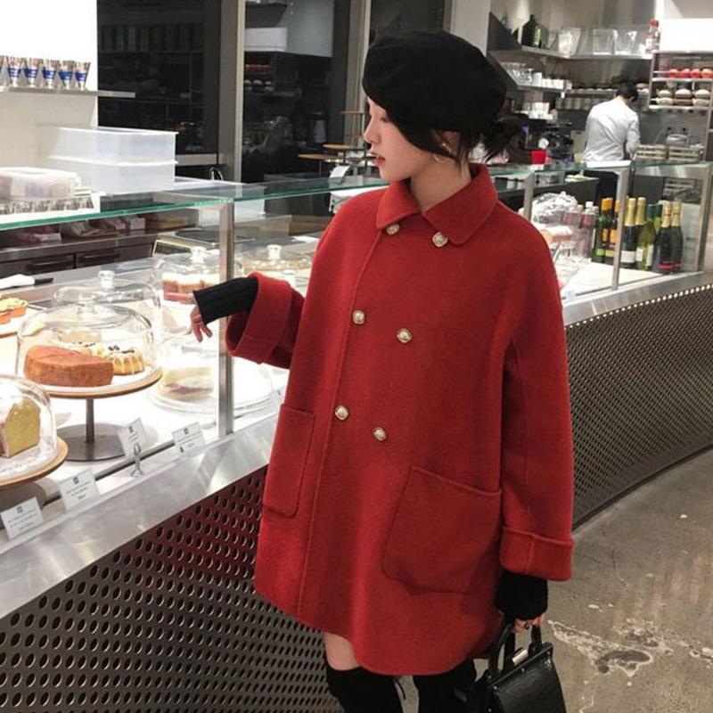 

Women' Hepburn Style Popular Woolen Coat Causal Double Breasted Straight Loose Red Medium Length Jacket Tops 2021 Autumn Winter, Black