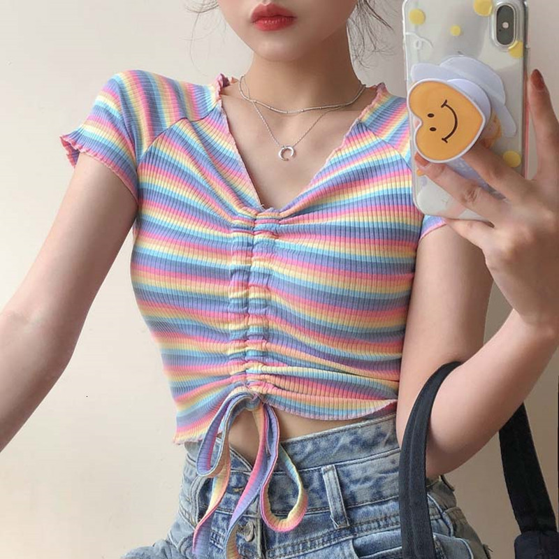 

2021 New Summer style Korean rainbow stripe short sleeve tshirts of loose women up to casual tops t-femme shirt (f4012) 8838, Same the pictures
