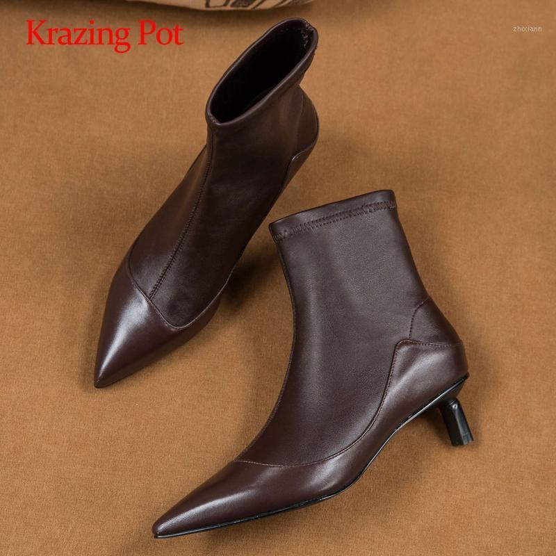 

Krazing pot stretch boots cow leather high street fashion pointed toe med thin heel slip on dating elegant lady ankle boots L161, Black