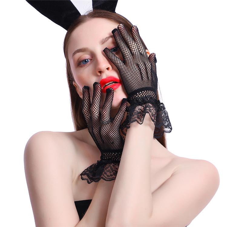 

Mesh fishnet hand Gloves Summer UV-Proof Driving Dance Costume Lace Gloves Five-finger Retro Party Black White