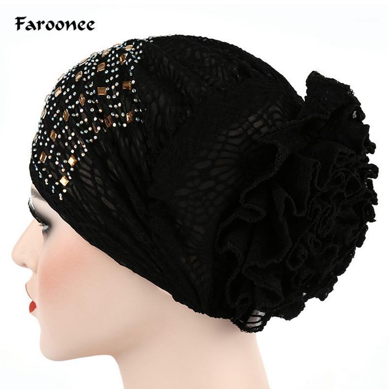 

Faroonee Muslim Hijab Islamic turbante Crystal Twist Cap Women Female Lace Flowers Turban Beanie Hat Bonnet Chemo Cap 2C03211, White