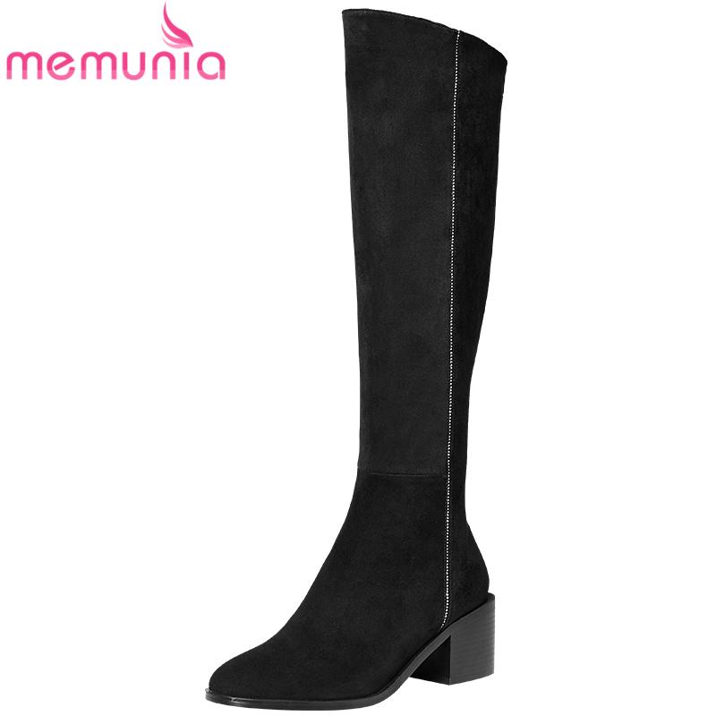

MEMUNIA 2021 Newest Suede Leather Knee High Boots Women Round Toe Zip Autumn Winter Casual Shoes Women Riding Boots Black, Black cow leather