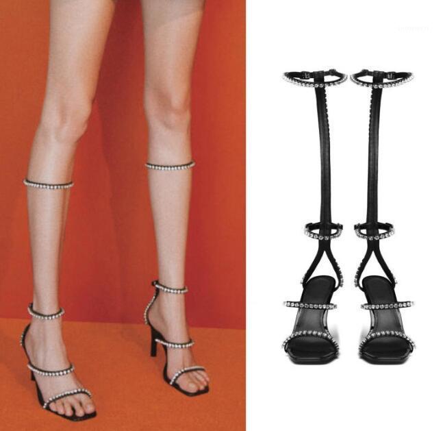 

BONJEAN Roma Style High Heel Sandal Boots for Woman Sexy Open Toe Crystal Embellished Buckle Strap Leather Heels Dress Shoes1, Black